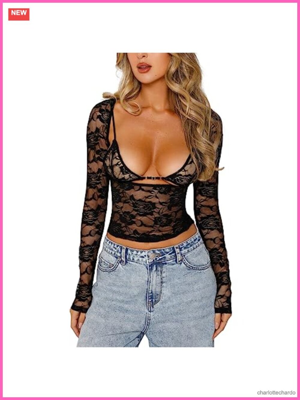 NUFIWI Women Y2k Floral Lace Mesh Long Sleeve Crop Top Sheer See Through Tee